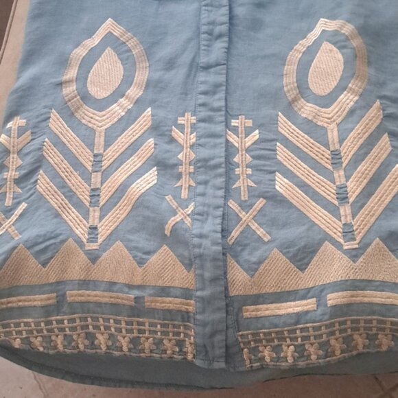 Greek Arcaic Kori Seafoam Color Linen Dress Gold Embroidery szXS missing  sash - Picture 8 of 12